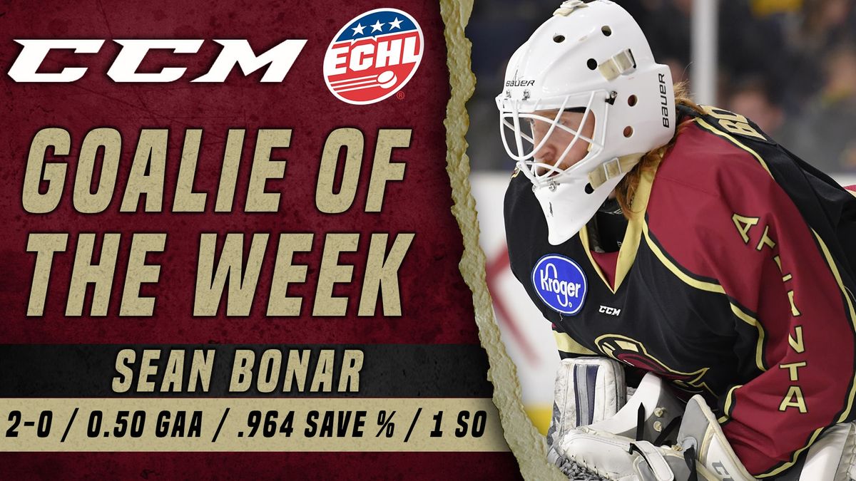 Sean Bonar Named CCM ECHL Goaltender of the Week