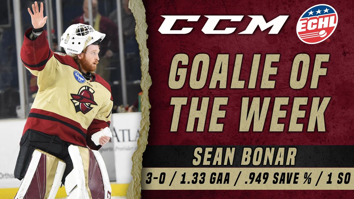 Bonar Named CCM ECHL Goaltender of the Week for Second Time