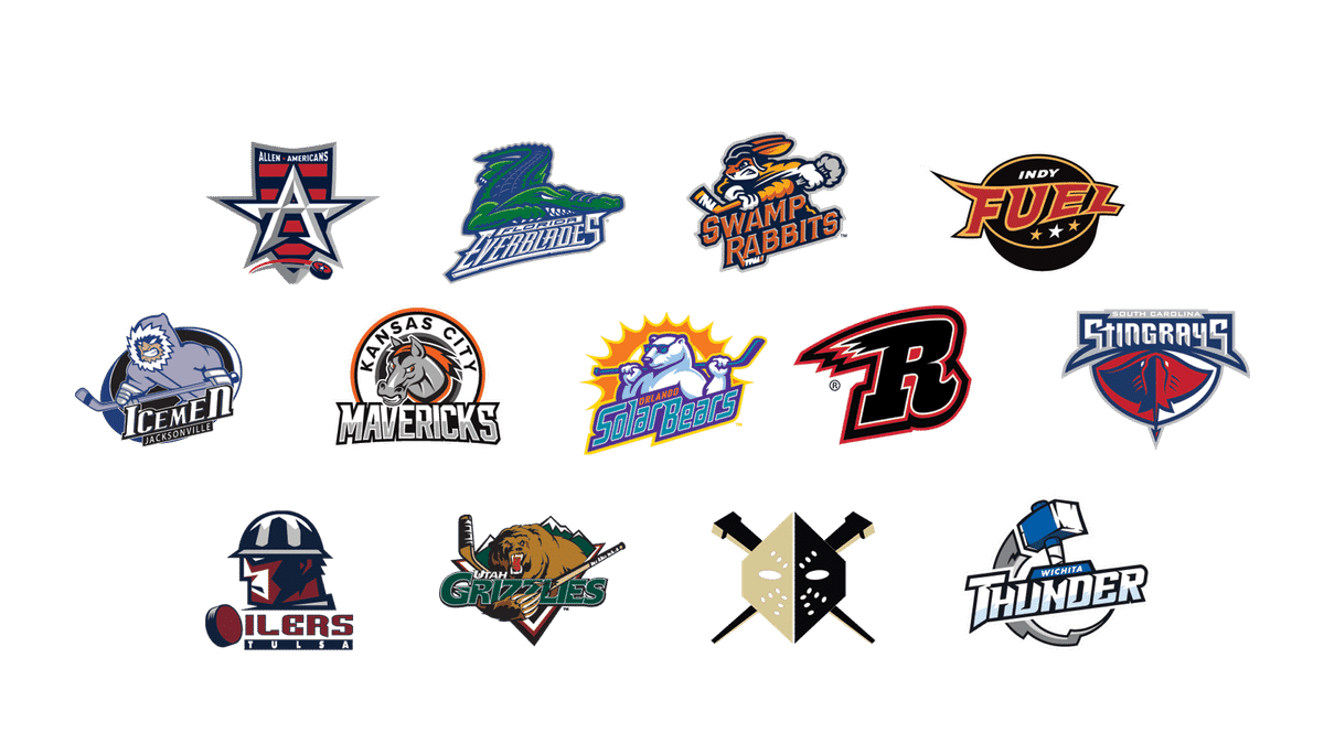 Logos of the 13 ECHL teams participating in the 2020-21 season