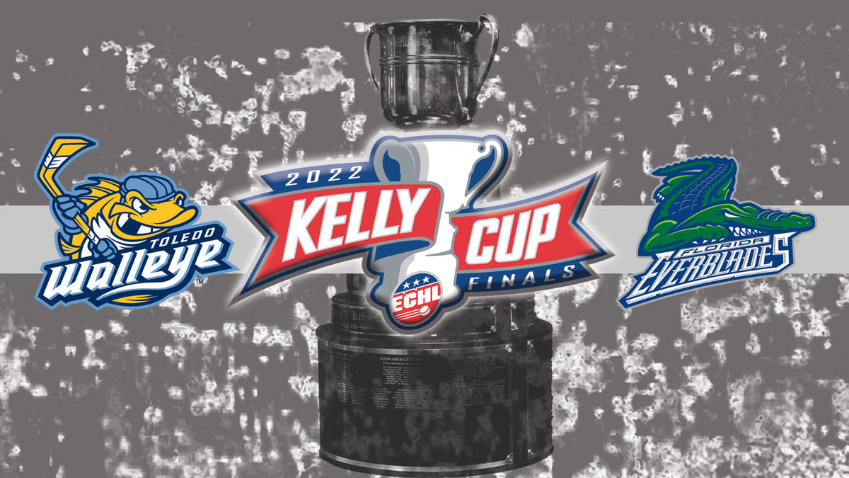 2022 Kelly Cup Finals logo flanked by Toledo Walleye and Florida Everblades logos