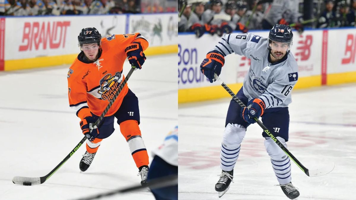 Action photos of Brannon McManus and Ethan Somoza of the Greenville Swamp Rabbits