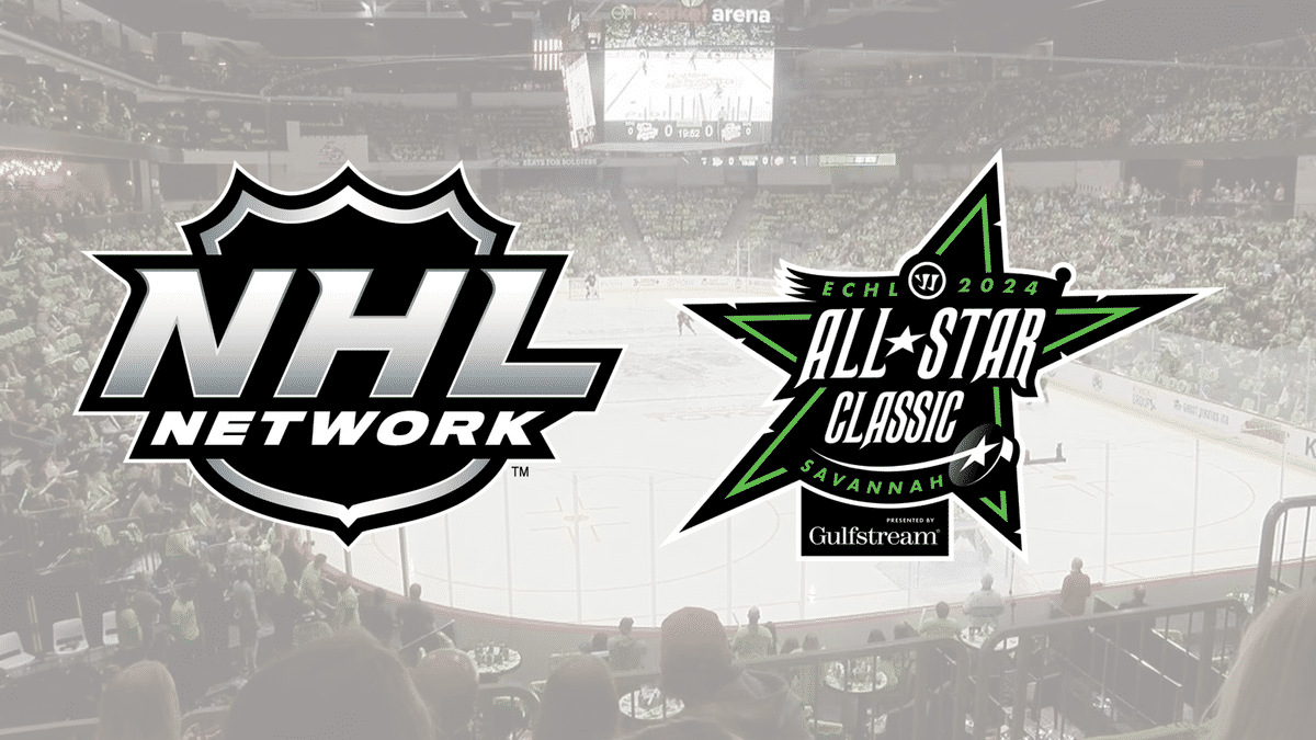 NHL Network and 2024 ECHL All-Star Classic logos placed on top of image of Enmarket Arena in Savannah, Georgia