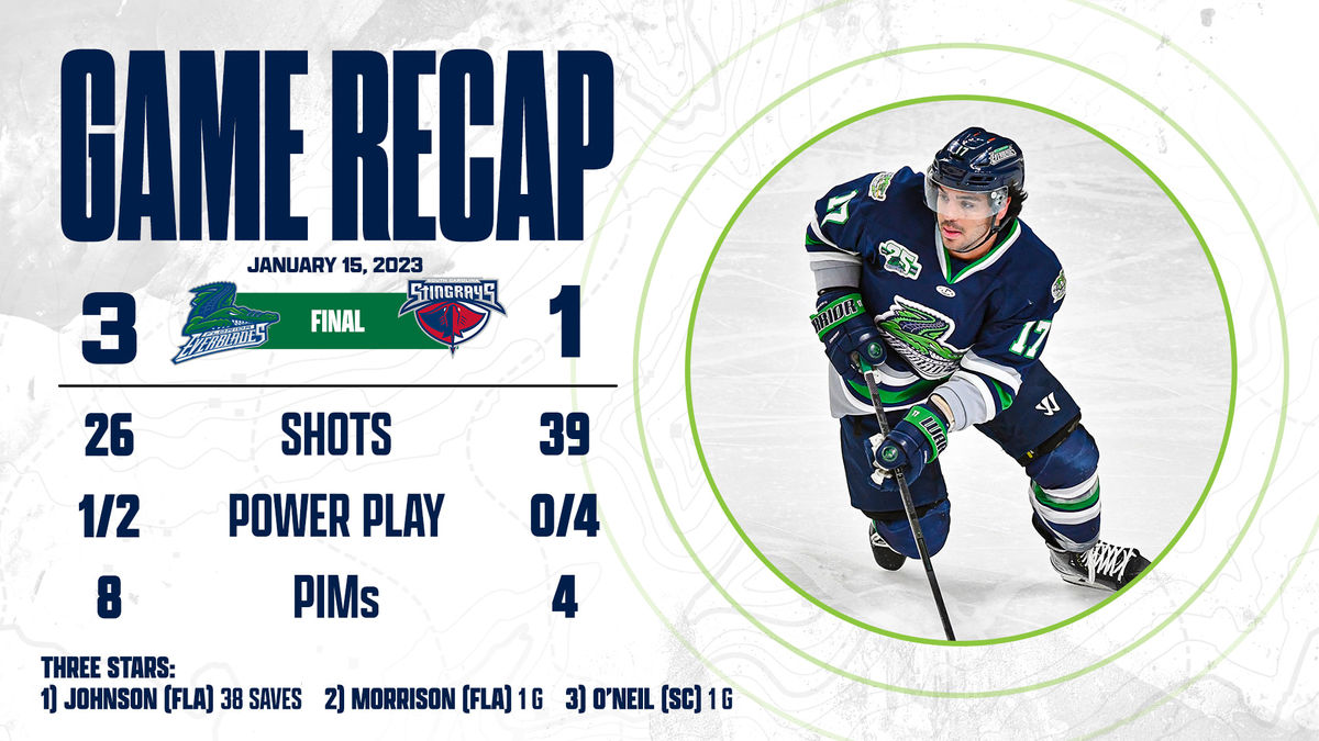 JOHNSON LIFTS EVERBLADES INTO FIRST PLACE WITH ANOTHER WIN OVER SOUTH CAROLINA, 3-1