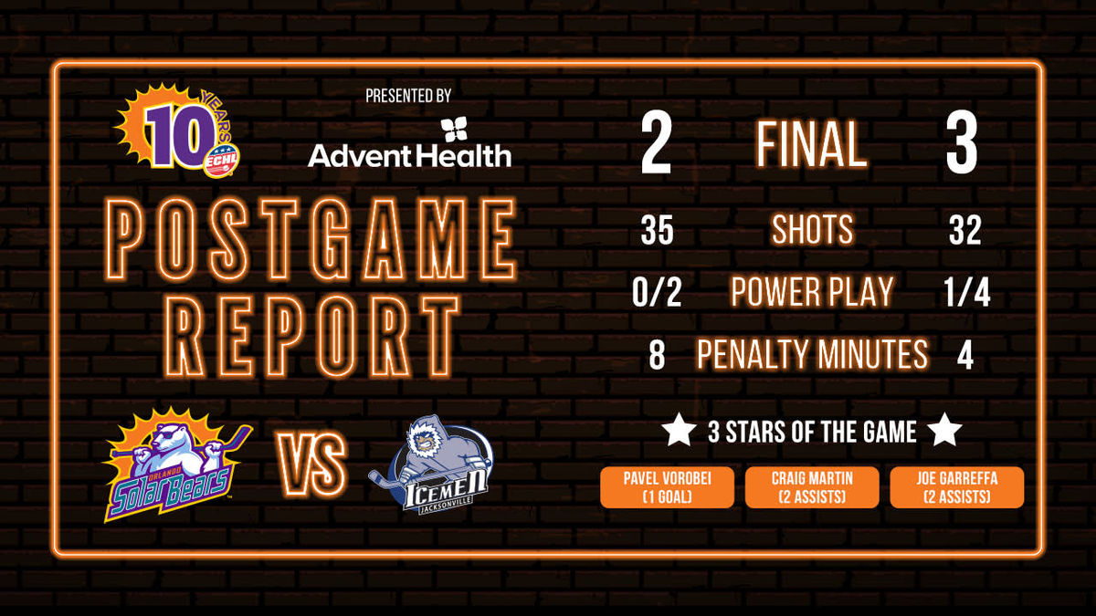 Solar Bears&#039; 23-game home win streak against Icemen snapped in 3-2 loss