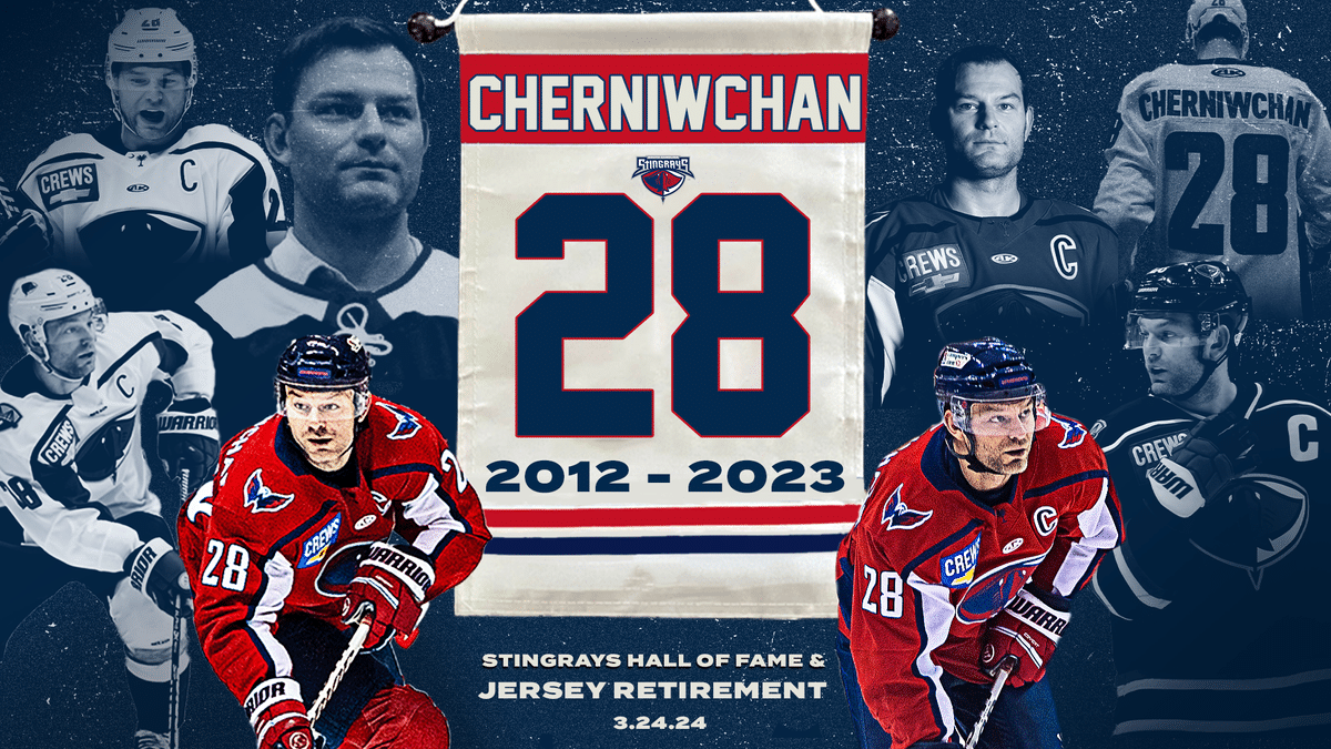South Carolina Stingrays legend Andrew Cherniwchan will have his #28 retired at the North Charleston Coliseum on Sunday, March 24