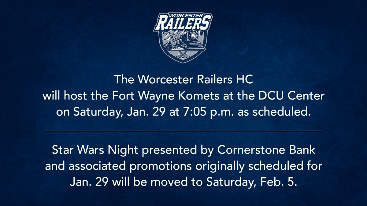 Game On: Worcester Railers to Host Fort Wayne Komets on Saturday, Jan. 29 as Scheduled