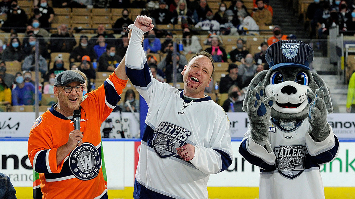 Joey Chestnut Eats Twelve Pies in Ninety Seconds In Front Of Over 10,000 Fans at Worcester Railers Opening Night Saturday