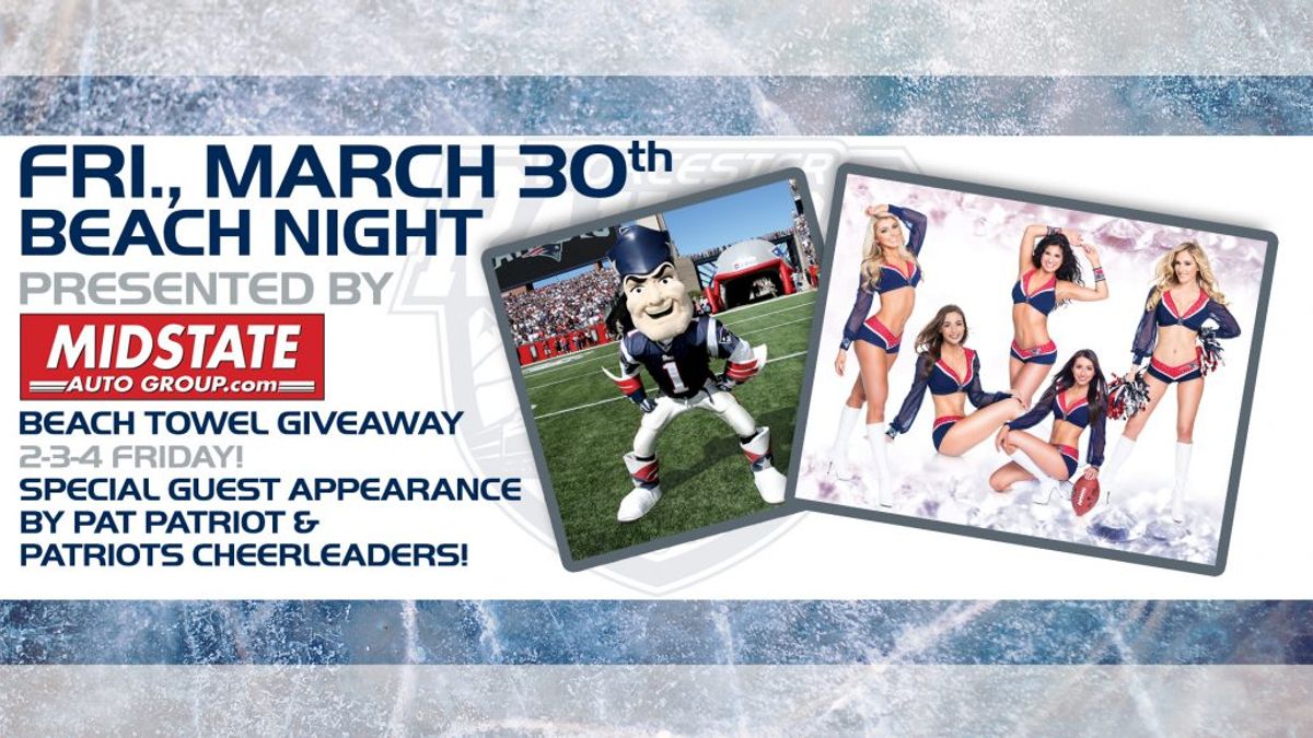 Railers host BEACH NIGHT on 2-3-4 Friday with a special appearance from the Patriots cheerleaders and Pat Patriot!